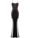 Dark In Love Womens Long Gothic Velvet & Mesh Mermaid Dress - Black & Red