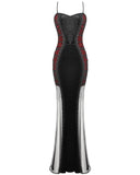 Dark In Love Womens Long Gothic Velvet & Mesh Mermaid Dress - Black & Red