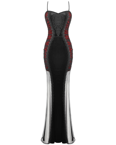 Dark In Love Womens Long Gothic Velvet & Mesh Mermaid Dress - Black & Red