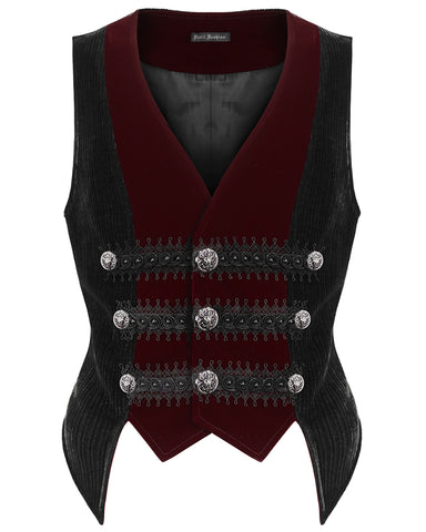 Devil Fashion Mens Regency Gothic Embellished Corduroy & Velvet Waistcoat Vest - Black & Red