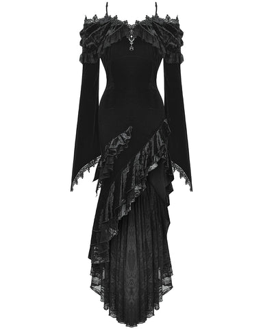Dark in Love Womens Long Asymmetric Velvet Ruffle Off-Shoulder Mermaid Dress