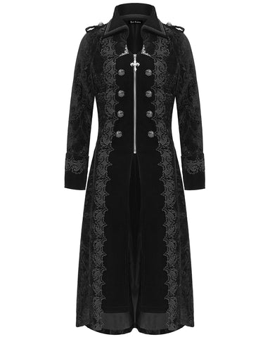 Devil Fashion Mens Long Gothic Victorian Damask Velvet Coat - Black