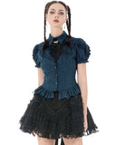 Dark In Love Womens Gothic Striped Puff-Sleeve Blouse Top & Bat Cravat - Blue