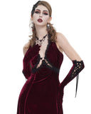 Devil Fashion Womens Long Gothic Velvet Lace-Up Evening Gloves - Red