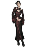 Punk Rave Womens Long Gothic Fitted Maxi Dress With Mesh Contrast - Red & Black