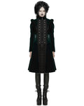 Punk Rave Womens Gothic Velvet Embellished Mid Length Military Coat - Bottle Green