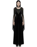 Punk Rave Womens Long Gothic Velvet Mesh Sleeve Flowered Maxi Dress