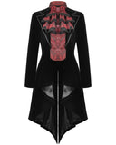 Dark In Love Womens Gothic Velvet & Jacquard Faux Two-Piece Tail Coat Frock Jacket - Black & Red