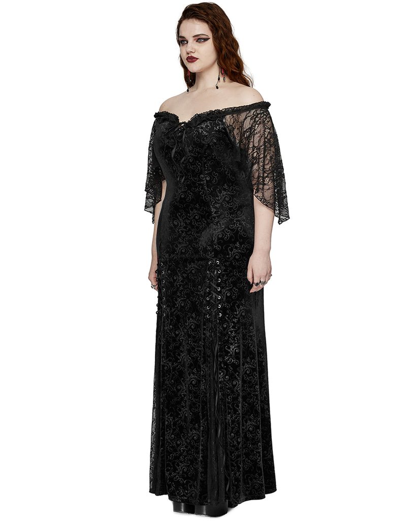 Punk Rave Plus Size Womens Gothic Embossed Velvet Off-Shoulder Maxi Dr
