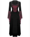 Dark In Love Womens Long Gothic Damask Velvet Flare Sleeve Maxi Dress - Black & Red
