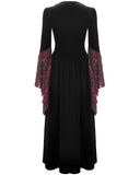 Dark In Love Womens Long Gothic Damask Velvet Flare Sleeve Maxi Dress - Black & Red