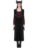 Dark In Love Womens Long Gothic Damask Velvet Flare Sleeve Maxi Dress - Black & Red