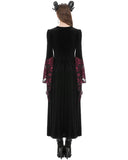 Dark In Love Womens Long Gothic Damask Velvet Flare Sleeve Maxi Dress - Black & Red
