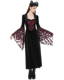 Dark In Love Womens Long Gothic Damask Velvet Flare Sleeve Maxi Dress - Black & Red