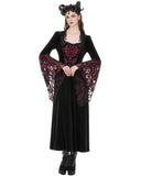 Dark In Love Womens Long Gothic Damask Velvet Flare Sleeve Maxi Dress - Black & Red