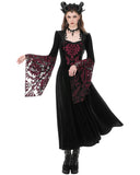Dark In Love Womens Long Gothic Damask Velvet Flare Sleeve Maxi Dress - Black & Red