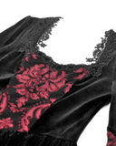 Dark In Love Womens Long Gothic Damask Velvet Flare Sleeve Maxi Dress - Black & Red