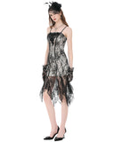 Dark In Love Womens Gothic Fitted Gothic Mini Dress With Lace Overlayer - Off-White & Black