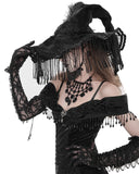 Eva Lady Womens Baroque Gothic Fringed & Feathered Pointed Velvet Witch Hat