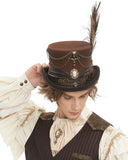 Devil Fashion Mens Steampunk Chained & Feathered Top Hat - Brown