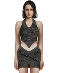 Punk Rave Womens Apocalyptic Punk Decayed Lace Up Halter Top - Black & Grey