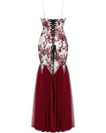 Punk Rave Womens Long Gothic Floral Sequined Wedding Prom Dress - White & Red