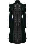 Punk Rave Womens Gothic Velvet Embellished Mid Length Military Coat - Bottle Green