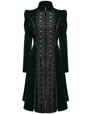 Punk Rave Womens Gothic Velvet Embellished Mid Length Military Coat - Bottle Green