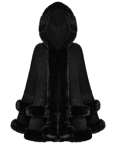 Punk Rave Daily Life Womens Plush & Faux Fur Hooded Winter Cloak - Black