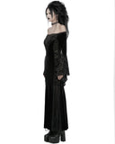 Punk Rave Womens Long Gothic Off Shoulder Maxi Dress With Devore Velvet Contrasts