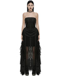 Punk Rave Womens Long Gothic Mesh Strapless Dress With Embroidered Lace