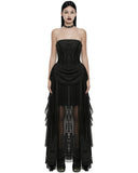 Punk Rave Womens Long Gothic Mesh Strapless Dress With Embroidered Lace