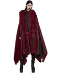 Punk Rave Womens Long Gothic Faux Fur Asymmetric Hooded Winter Cloak - Red