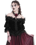 Eva Lady Baroque Gothic Velvet Feathered Rose Embellished Blouse Top - Black