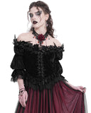 Eva Lady Baroque Gothic Velvet Feathered Rose Embellished Blouse Top - Black
