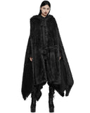 Punk Rave Womens Long Gothic Faux Fur Asymmetric Hooded Winter Cloak - Black