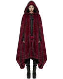 Punk Rave Womens Long Gothic Faux Fur Asymmetric Hooded Winter Cloak - Red