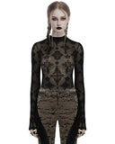 Punk Rave Womens Gothic Flocked Mesh Crucifix Top