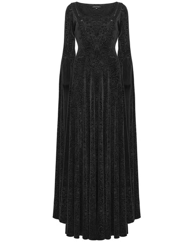 Punk Rave Womens Long Gothic Rose Velvet Flared Split Sleeve Maxi Dress - Black