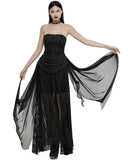 Punk Rave Womens Long Gothic Mesh Strapless Dress With Embroidered Lace