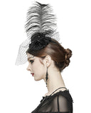 Devil Fashion Gothic Feather & Veil Mini Bowler Hat Hair Barrette - Black