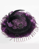 Eva Lady Womens Gothic Beaded & Feathered Wide Brim Mourning Hat - Black & Purple