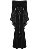 Punk Rave Womens Long Gothic Off Shoulder Maxi Dress With Devore Velvet Contrasts