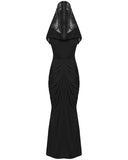 Punk Rave Womens Long Gothic Lace Hooded Ruched Maxi Dress
