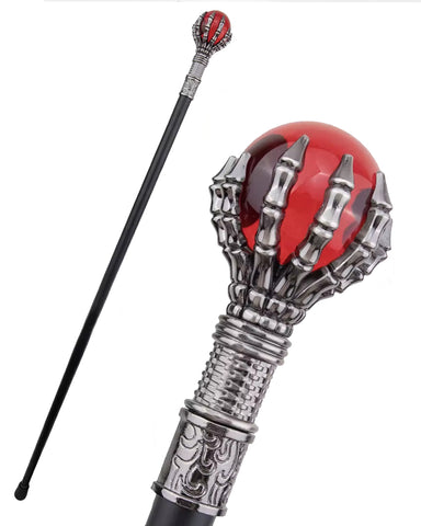 Penny Dreadful Gothic Skeleton Hand Swaggering Cane - Red Orb
