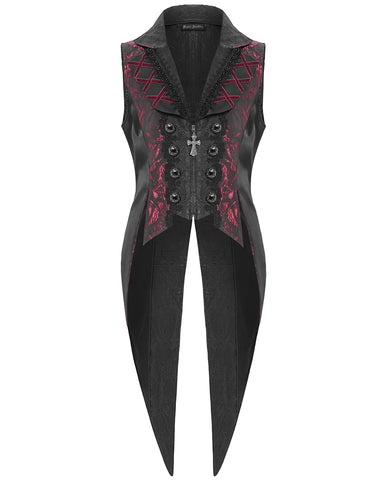 Devil Fashion Mens Gothic Crucifix Jacquard Tailed Waistcoat Vest - Black & Red