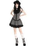 Dark In Love Dark Preppy Corporate Gothic Lace Cravat Pinstripe Mini Dress - Grey & Black