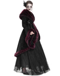 Eva Lady Womens Baroque Gothic Damask Winter Coat With Faux Faur Trims - Black & Red