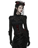 Punk Rave Womens Baroque Gothic Rose Embroidered Velvet Cincher Corset - Red & Black