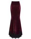Punk Rave Daily Life Womens Long Gothic Velvet Ruched Split Waist Skirt - Red